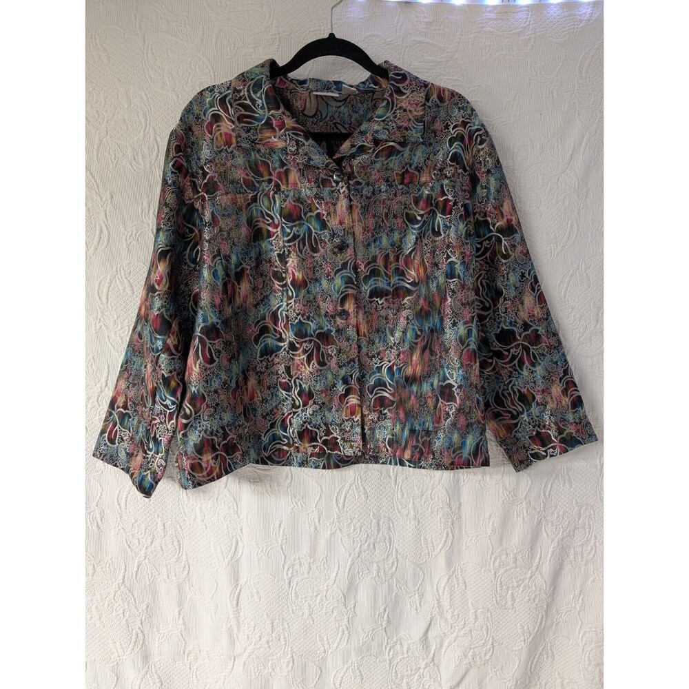 Chicos Multicolor Floral Shiny Iridescent Metallic Button Light Jacket Size 3